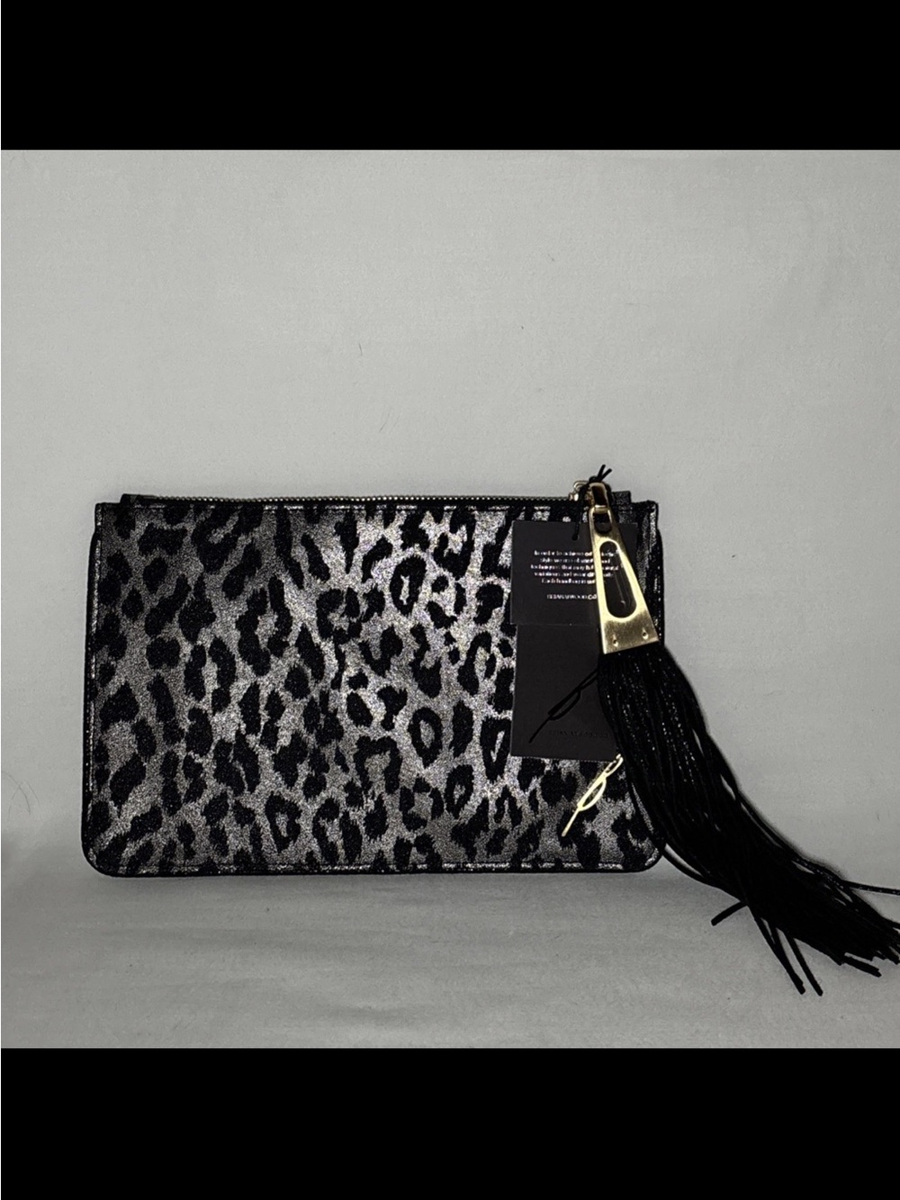 Brian Atwood Silver & Black Leopard Print Tassel Wristlet Clutch